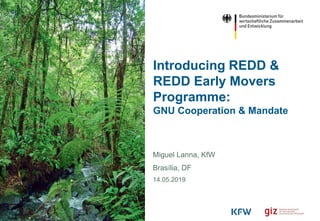Introducing REDD &
REDD Early Movers
Programme:
GNU Cooperation & Mandate
Miguel Lanna, KfW
Brasília, DF
14.05.2019
 