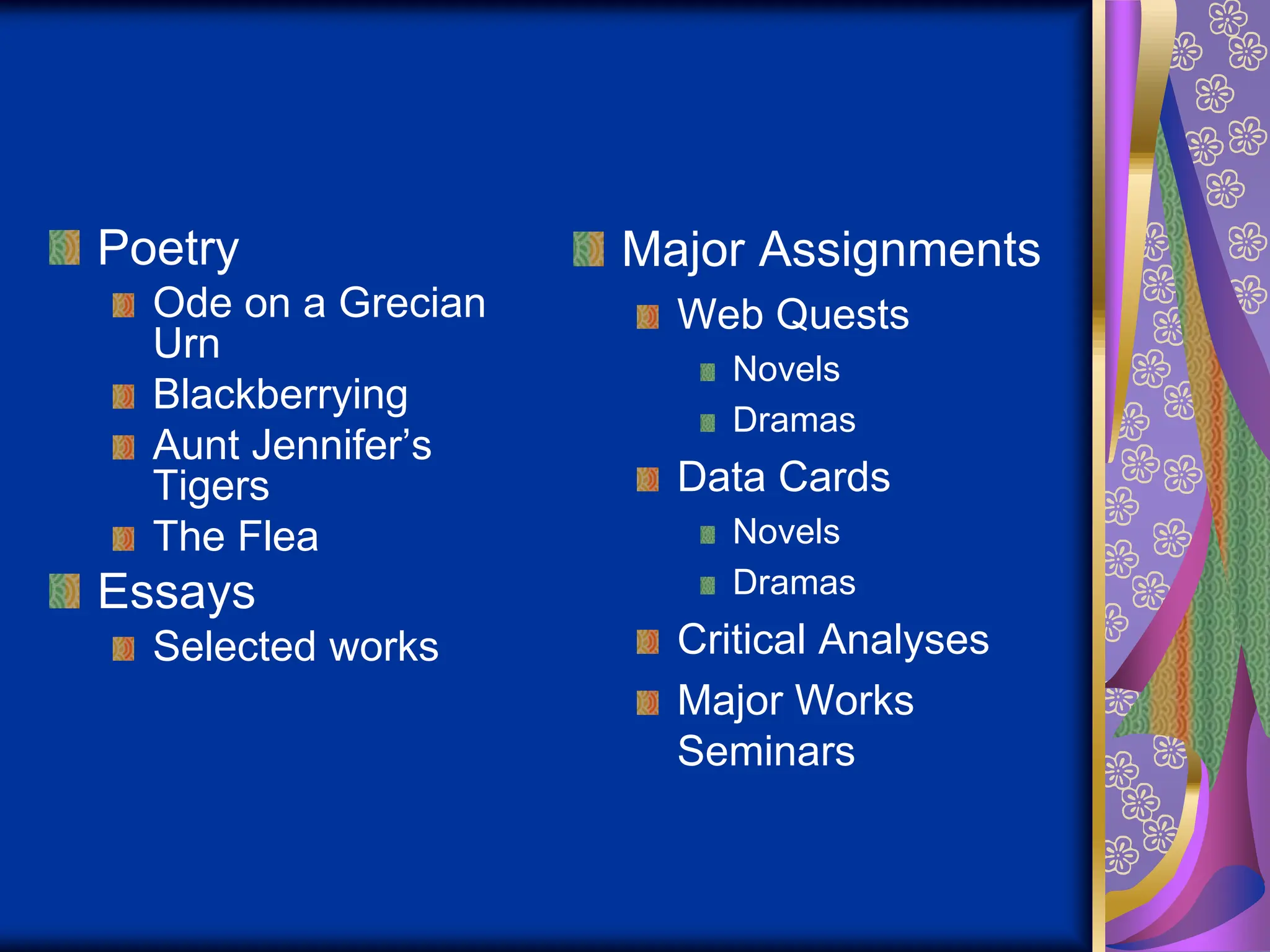 Poetry
Ode on a Grecian
Urn
Blackberrying
Aunt Jennifer’s
Tigers
The Flea
Essays
Selected works
Major Assignments
Web Quests
Novels
Dramas
Data Cards
Novels
Dramas
Critical Analyses
Major Works
Seminars
 
