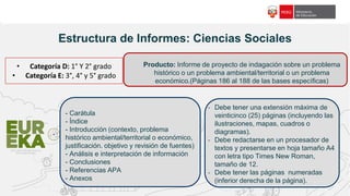 f18c65
Estructura de Informes: Ciencias Sociales
- Carátula
- Índice
- Introducción (contexto, problema
histórico ambiental/territorial o económico,
justificación. objetivo y revisión de fuentes)
- Análisis e interpretación de información
- Conclusiones
- Referencias APA
- Anexos
Producto: Informe de proyecto de indagación sobre un problema
histórico o un problema ambiental/territorial o un problema
económico.(Páginas 186 al 188 de las bases específicas)
• Categoría D: 1° Y 2° grado
• Categoría E: 3°, 4° y 5° grado
- Debe tener una extensión máxima de
veinticinco (25) páginas (incluyendo las
ilustraciones, mapas, cuadros o
diagramas).
- Debe redactarse en un procesador de
textos y presentarse en hoja tamaño A4
con letra tipo Times New Roman,
tamaño de 12.
- Debe tener las páginas numeradas
(inferior derecha de la página).
 
