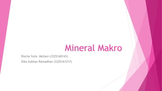 Mineral Makro
Rischa Yulia Meliani (3325160143)
Dika Subhan Ramadhan (3325161217)
 