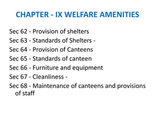 CHAPTER - IX WELFARE AMENITIES
Sec 62 - Provision of shelters
Sec 63 - Standards of Shelters -
Sec 64 - Provision of Canteens
Sec 65 - Standards of canteen
Sec 66 - Furniture and equipment
Sec 67 - Cleanliness -
Sec 68 - Maintenance of canteens and provisions
of staff
 