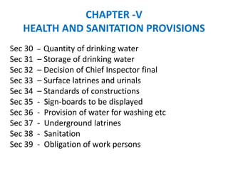 CHAPTER -V
HEALTH AND SANITATION PROVISIONS
Sec 30 – Quantity of drinking water
Sec 31 – Storage of drinking water
Sec 32 – Decision of Chief Inspector final
Sec 33 – Surface latrines and urinals
Sec 34 – Standards of constructions
Sec 35 - Sign-boards to be displayed
Sec 36 - Provision of water for washing etc
Sec 37 - Underground latrines
Sec 38 - Sanitation
Sec 39 - Obligation of work persons
 