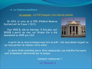 A- La Création monétaire

              Un exemple : Le Prêt banquier d’un individu lambda.

   En 1913, le ratio de la FED (Fédéral Reserve
System) est de 9 pour 1 (9/1) :

   Pour 1000 $, elle en fabrique 9 fois plus, soit
9000$ à partir de rien, car l’étalon d’or a été
abandonné en 1905 aux USA.


    A partir de ce ratio la banque nous fait un prêt : elle nous donne l’argent ce
qui nous permet de réaliser notre achat.

   La dette (Prêt+intérêts) devra être remboursée. Les intérêts fluctuants
sont évidemment déterminés par la banque.

                                 Comment rembourser ?
                                  LE TRAVAIL !!!
 