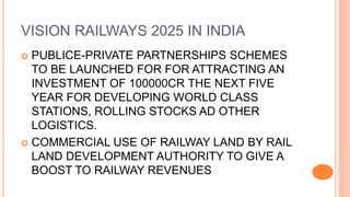 VISION RAILWAYS 2025 IN INDIA
 PUBLICE-PRIVATE PARTNERSHIPS SCHEMES
TO BE LAUNCHED FOR FOR ATTRACTING AN
INVESTMENT OF 100000CR THE NEXT FIVE
YEAR FOR DEVELOPING WORLD CLASS
STATIONS, ROLLING STOCKS AD OTHER
LOGISTICS.
 COMMERCIAL USE OF RAILWAY LAND BY RAIL
LAND DEVELOPMENT AUTHORITY TO GIVE A
BOOST TO RAILWAY REVENUES
 