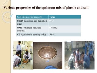 Various properties of the optimum mix of plastic and soil
Soil Engineering property value
MDD(maximum dry density in
g/cc)
1.71
OMC(optimum moisture
content)
17.64%
CBR(california bearing ratio) 5.98
 