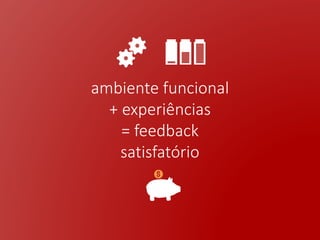ambiente funcional
+ experiências
= feedback
satisfatório
 
