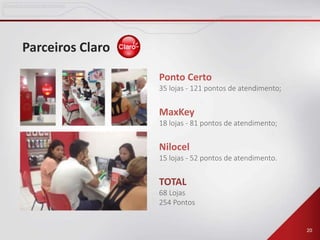 20
Parceiros Claro
Ponto Certo
35 lojas - 121 pontos de atendimento;
MaxKey
18 lojas - 81 pontos de atendimento;
Nilocel
15 lojas - 52 pontos de atendimento.
TOTAL
68 Lojas
254 Pontos
 
