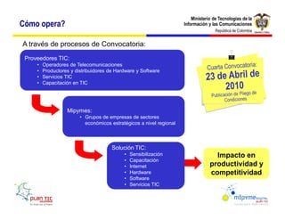 Ministerio de Tecnologías de la
Cómo opera?                                                         Información y las Comunicaciones
                                                                                    República de Colombia


A través de procesos de Convocatoria:
 Proveedores TIC:
       Operadores de Telecomunicaciones
       Productores y distribuidores de Hardware y Software
       Servicios TIC
       Capacitación en TIC




                 Mipymes:
                         Grupos de empresas de sectores
                         económicos estratégicos a nivel regional



                                     Solución TIC:
                                            Sensibilización                        Impacto en
                                            Capacitación
                                            Internet                             productividad y
                                            Hardware                             competitividad
                                            Software
                                            Servicios TIC
 