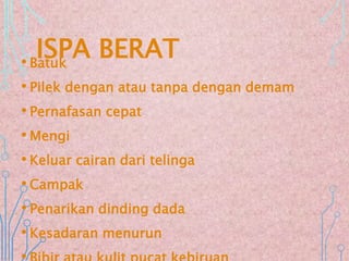 ISPA BERAT
• Batuk
• Pilek dengan atau tanpa dengan demam
• Pernafasan cepat
• Mengi
• Keluar cairan dari telinga
• Campak
• Penarikan dinding dada
• Kesadaran menurun
 