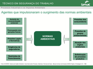 TÉCNICO EM SEGURANÇA DO TRABALHO
Processos Industriais e os Impactos Ambientais
Agentes que impulsionaram o surgimento das normas ambientais
Aumento da
conscientização
ambiental
Preocupação com
gerações futuras
Pressões Legais
e Normativas
Exigências de
seguradoras
Restrições de
financiamento
NORMAS
AMBIENTAIS
Pressões dos
consumidores
Pressões de
grupos
ambientalistas
Atuação dos
órgãos
ambientais
Sofisticação
do processo
produtivo
Fonte: SCHERER. Sistema de Gestão Ambiental – Guia Geral sobre Princípios, Sistemas e Técnicas de Apoio. Manual de Apoio da Empresa IGARAS Papéis e Embalagens S.A., 1996.
 