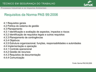 TÉCNICO EM SEGURANÇA DO TRABALHO
Processos Industriais e os Impactos Ambientais
4.1 Requisitos gerais
4.2 Política do sistema de gestão
4.3 Planejamento
4.3.1 Identificação e avaliação de aspectos, impactos e riscos
4.3.2 Identificação de requisitos legais e outros requisitos
4.3.3 Planejamento de contingências
4.3.4 Objetivos
4.3.5 Estrutura organizacional, funções, responsabilidades e autoridades
4.4 Implementação e operação
4.4.1 Controle operacional
4.4.2 Gestão de recursos
4.4.3 Requisitos de documentação
4.4.4 Comunicação
Requisitos da Norma PAS 99:2006
Fonte: Norma PAS 99:2006
 