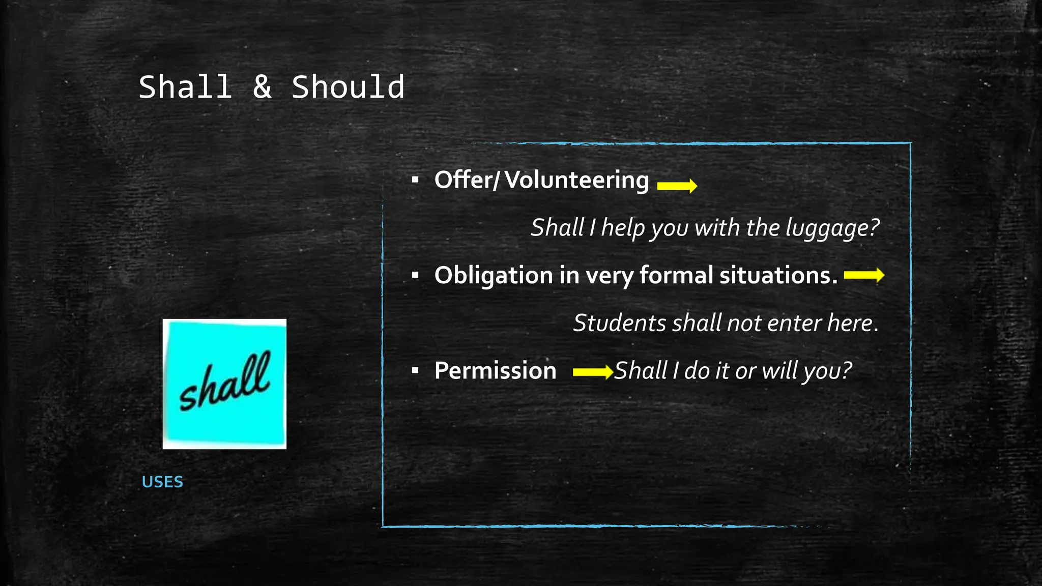 Shall & Should
USES
▪ Offer/Volunteering
Shall I help you with the luggage?
▪ Obligation in very formal situations.
Students shall not enter here.
▪ Permission Shall I do it or will you?
 
