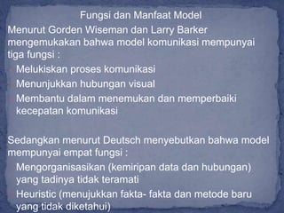 Fungsi dan Manfaat Model
Menurut Gorden Wiseman dan Larry Barker
mengemukakan bahwa model komunikasi mempunyai
tiga fungsi :
Melukiskan proses komunikasi
Menunjukkan hubungan visual
Membantu dalam menemukan dan memperbaiki
kecepatan komunikasi
Sedangkan menurut Deutsch menyebutkan bahwa model
mempunyai empat fungsi :
Mengorganisasikan (kemiripan data dan hubungan)
yang tadinya tidak teramati
Heuristic (menujukkan fakta- fakta dan metode baru
yang tidak diketahui)
 