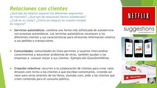 Relaciones con clientes
¿Qué tipo de relación esperan los diferentes segmentos
de mercado? ¿Qué tipo de relaciones hemos establecido?
¿Cuál es su coste? ¿Cómo se integran en nuestro modelo
de negocio?
 Servicios automáticos: combina una forma más sofisticada de autoservicio
con procesos automáticos. Los servicios automáticos reconocen a los
diferentes clientes y sus características para ofrecerles información relativa
a sus pedidos o transacciones.
 Comunidades: comunidades en línea permiten a usuarios intercambiar
conocimientos y solucionar problemas de otros, también ayudan a las
empresas a conocer mejor a sus clientes. Ejemplo Alli GlaxoSmithKline.
 Creación colectiva: recurren a la colaboración de clientes para crear valor.
Amazon.com invita a los clientes a que escriban comentarios, creando así
valor para otros amantes de los libros; youtube.com, pide a los clientes que
creen contenido para el consumo público.
 