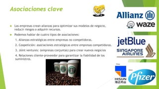 Asociaciones clave
 Las empresas crean alianzas para optimizar sus modelos de negocio,
reducir riesgos o adquirir recursos.
 Podemos hablar de cuatro tipos de asociaciones:
1. Alianzas estratégicas entre empresas no competidoras.
2. Coopetición: asociaciones estratégicas entre empresas competidoras.
3. Joint ventures: (empresas conjuntas) para crear nuevos negocios
4. Relaciones cliente-proveedor para garantizar la fiabilidad de los
suministros.
 
