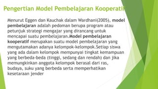 Pengertian Model Pembelajaran Kooperatif
Menurut Eggen dan Kauchak dalam Wardhani(2005), model
pembelajaran adalah pedoman berupa program atau
petunjuk strategi mengajar yang dirancang untuk
mencapai suatu pembelajaran.Model pembelajaran
kooperatif merupakan suatu model pembelajaran yang
mengutamakan adanya kelompok-kelompok.Setiap siswa
yang ada dalam kelompok mempunyai tingkat kemampuan
yang berbeda-beda (tinggi, sedang dan rendah) dan jika
memungkinkan anggota kelompok berasal dari ras,
budaya, suku yang berbeda serta memperhatikan
kesetaraan jender
 