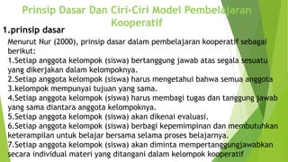 Prinsip Dasar Dan Ciri-Ciri Model Pembelajaran
Kooperatif
1.prinsip dasar
Menurut Nur (2000), prinsip dasar dalam pembelajaran kooperatif sebagai
berikut:
1.Setiap anggota kelompok (siswa) bertanggung jawab atas segala sesuatu
yang dikerjakan dalam kelompoknya.
2.Setiap anggota kelompok (siswa) harus mengetahui bahwa semua anggota
3.kelompok mempunyai tujuan yang sama.
4.Setiap anggota kelompok (siswa) harus membagi tugas dan tanggung jawab
yang sama diantara anggota kelompoknya.
5.Setiap anggota kelompok (siswa) akan dikenai evaluasi.
6.Setiap anggota kelompok (siswa) berbagi kepemimpinan dan membutuhkan
keterampilan untuk belajar bersama selama proses belajarnya.
7.Setiap anggota kelompok (siswa) akan diminta mempertanggungjawabkan
secara individual materi yang ditangani dalam kelompok kooperatif
 