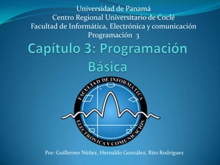 Universidad de Panamá
       Centro Regional Universitario de Coclé
Facultad de Informática, Electrónica y comunicación
                  Programación 3




    Por: Guillermo Núñez, Hernaldo González, Rito Rodríguez
 