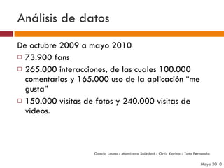 Análisis de datos De octubre 2009 a mayo 2010 73.900 fans  265.000 interacciones, de las cuales 100.000 comentarios y 165.000 uso de la aplicación “me gusta” 150.000 visitas de fotos y 240.000 visitas de videos.  García Laura - Montivero Soledad - Ortiz Karina - Tato Fernanda  Mayo 2010 