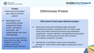 Diferensiasi Produk dapat dilakukan dengan:
● Murid yang memerlukan bimbingan dapat menjawab
pertanyaan-pertanyaan mengenai konten inti materi, yang
cukup mahir dapat membuat presentasi yang menjelaskan
penyelesaian masalah sederhana, dan bagi peserta yang sangat
mahir dapat membuat sebuah inovasi atau menelaah
permasalahan yang lebih kompleks.
● Memberikan murid pilihan moda untuk menunjukkan
pemahaman; lewat tulisan, lewat diagram, demonstrasi, lewat
gambar, dsb
Produk
bukti yang menunjukkan
apa yang murid telah
pahami
● Membedakan dan
memodifikasi produk
sebagai hasil belajar
murid, hasil latihan,
penerapan, dan
pengembangan apa yang
telah dipelajari
Biasanya paling mudah dilakukan,
namun kita harus ingat, saat ingin
melakukan ini, kita harus
mengacu pada tujuan
pembelajaran yang diharapkan.
Diferensiasi Produk
 