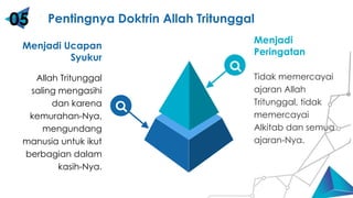 Cube Blue 3D
Menjadi
Peringatan
Tidak memercayai
ajaran Allah
Tritunggal, tidak
memercayai
Alkitab dan semua
ajaran-Nya.
Menjadi Ucapan
Syukur
Allah Tritunggal
saling mengasihi
dan karena
kemurahan-Nya,
mengundang
manusia untuk ikut
berbagian dalam
kasih-Nya.
Pentingnya Doktrin Allah Tritunggal
05
 