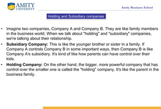 Amity Business School
? Imagine two companies, Company A and Company B. They are like family members
in the business world. When we talk about "holding" and "subsidiary" companies,
we're talking about their relationship.
? Subsidiary Company: This is like the younger brother or sister in a family. If
Company A controls Company B in some important ways, then Company B is like
Company A's subsidiary. It's kind of like how parents can have control over their
kids.
? Holding Company: On the other hand, the bigger, more powerful company that has
control over the smaller one is called the "holding" company. It's like the parent in the
business family.
Holding and Subsidiary companies
 