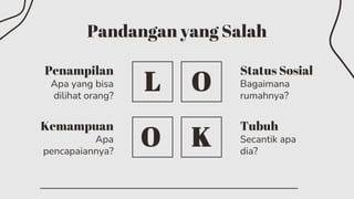 Pandangan yang Salah
Apa
pencapaiannya?
Penampilan
Apa yang bisa
dilihat orang?
Status Sosial
Bagaimana
rumahnya?
Kemampuan Tubuh
Secantik apa
dia?
L O
O K
 