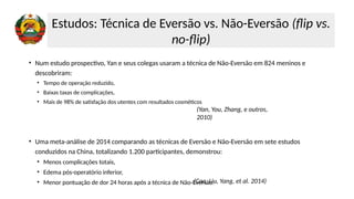 • Num estudo prospectivo, Yan e seus colegas usaram a técnica de Não-Eversão em 824 meninos e
descobriram:
• Tempo de operação reduzido,
• Baixas taxas de complicações,
• Mais de 98% de satisfação dos utentes com resultados cosméticos
• Uma meta-análise de 2014 comparando as técnicas de Eversão e Não-Eversão em sete estudos
conduzidos na China, totalizando 1.200 participantes, demonstrou:
• Menos complicações totais,
• Edema pós-operatório inferior,
• Menor pontuação de dor 24 horas após a técnica de Não-Eversão.
(Yan, You, Zhang, e outros,
2010)
(Cao, Liu, Yang, et al. 2014)
Estudos: Técnica de Eversão vs. Não-Eversão (flip vs.
no-flip)
 