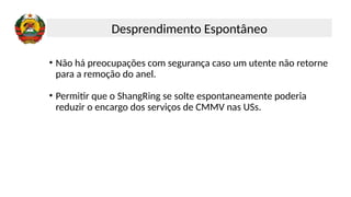 • Não há preocupações com segurança caso um utente não retorne
para a remoção do anel.
• Permitir que o ShangRing se solte espontaneamente poderia
reduzir o encargo dos serviços de CMMV nas USs.
Desprendimento Espontâneo
 