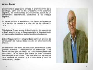 Jerome Bruner
Desempeñó un papel clave en todo el gran desarrollo de la
psicología. Como uno de los fundadores de la psicología
cognitiva, ha revolucionado el pensamiento actual de un
pensamiento estrictamente conductista a un enfoque
cognitivo.
Su trabajo enfatiza el mentalismo y las formas en la persona
hace sentido del mundo al ir más allá de la información
dada.
El trabajo de Bruner acerca de la adquisición del aprendizaje
le llevó a proponer un enfoque orientado al descubrimiento
en las escuelas basado en su teoría del constructivismo.
Este enfoque promueve el aprendizaje como un proceso de
construcción de nuevas ideas basadas en el conocimiento
anterior.
establece que una teoría de instrucción debe enfocar cuatro
grandes aspectos: 1 predisposición al aprendizaje, 2 las
formas en las que un cuerpo de conocimiento puede ser
estructurado de tal forma que pueda ser más fácilmente
asimilado por el estudiante,, 3 las más efectivas secuencias
para presentar el material, y 4 la naturaleza y ritmo de
recompensa y castigo.
 