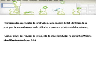 • Compreender os princípios de construção de uma imagem digital, identificando os 
principais formatos de compressão utilizados e suas características mais importantes; 
• Aplicar alguns dos recursos de tratamento de imagens incluídos no LibreOfficeWriter e 
LibreOffice Impress Power Point 
 