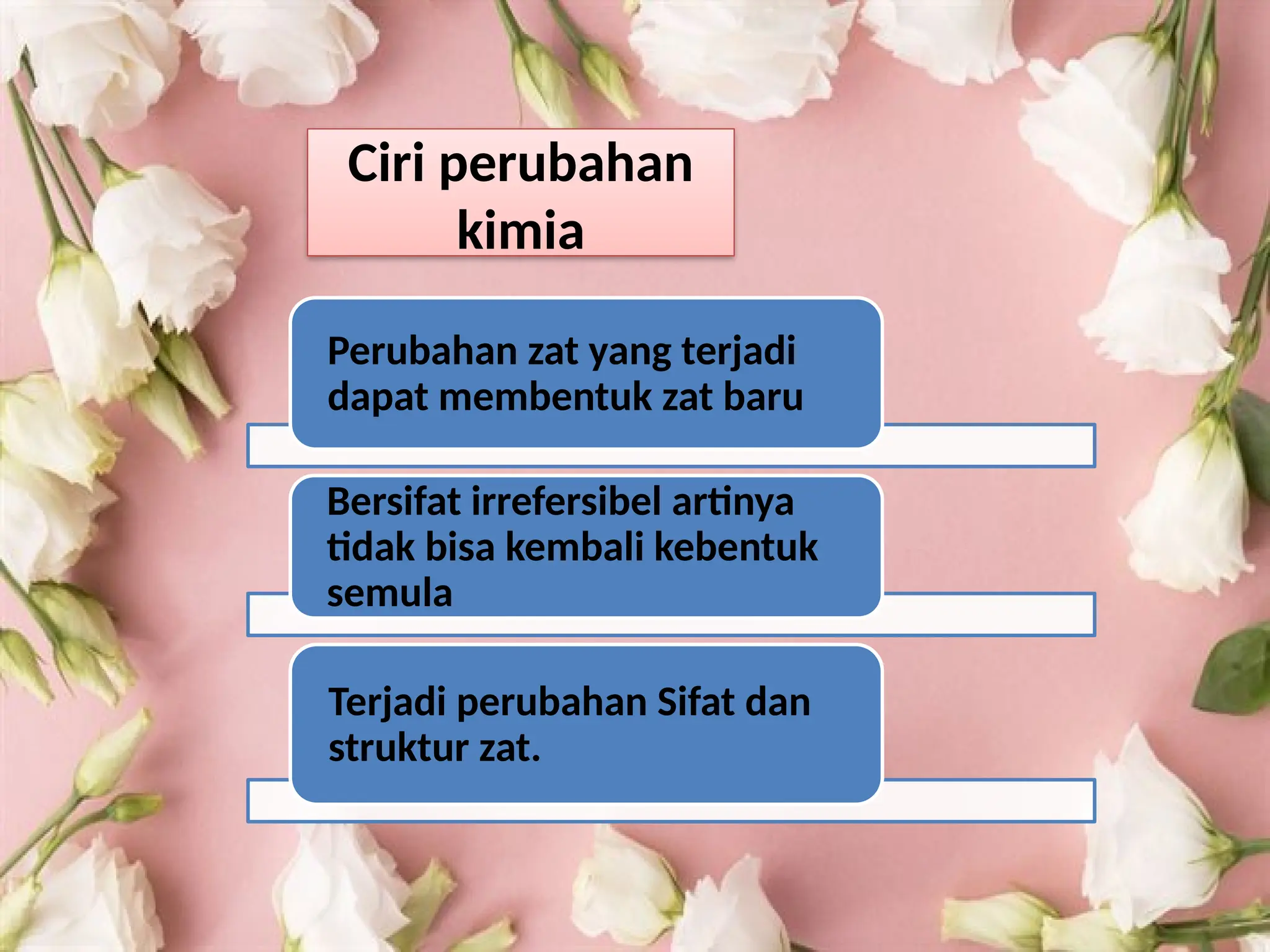Ciri perubahan
kimia
Perubahan zat yang terjadi
dapat membentuk zat baru
Bersifat irrefersibel artinya
tidak bisa kembali kebentuk
semula
Terjadi perubahan Sifat dan
struktur zat.
 