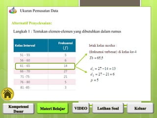 Alternatif Penyelesaian:
Ukuran Pemusatan Data
Langkah 1 : Tentukan elemen-elemen yang dibutuhkan dalam rumus
 