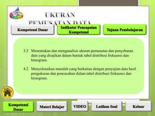 3.2 Menentukan dan menganalisis ukuran pemusatan dan penyebaran
data yang disajikan dalam bentuk tabel distribusi frekuensi dan
histogram.
4.2 Menyelesaikan masalah yang berkaitan dengan penyajian data hasil
pengukuran dan pencacahan dalam tabel distribusi frekuensi dan
histogram.
 