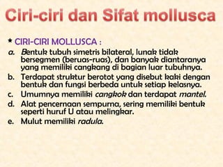 * CIRI-CIRI MOLLUSCA :
a. Bentuk tubuh simetris bilateral, lunak tidak
     bersegmen (beruas-ruas), dan banyak diantarany...