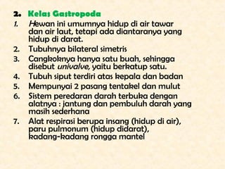 2. Kelas Gastropoda
1. Hewan ini umumnya hidup di air tawar
   dan air laut, tetapi ada diantaranya yang
   hidup di darat...