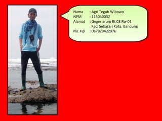Nama
 Nama : :Agri Teguh Wibowo
            Agri Teguh Wibowo
NPM
 NPM    : :115040032
            115040032
Alamat : :Geg...