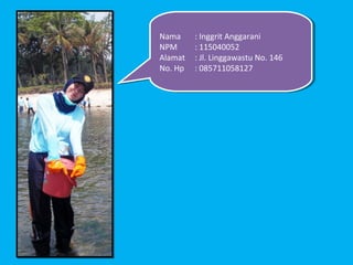 Nama
 Nama     : :Inggrit Anggarani
              Inggrit Anggarani
NPM
 NPM      : :115040052
              115040052
Ala...