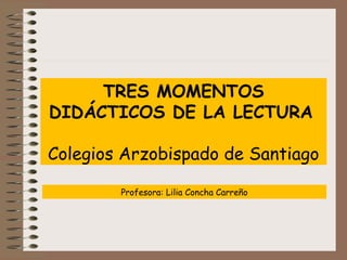 TRES MOMENTOS
DIDÁCTICOS DE LA LECTURA
Colegios Arzobispado de Santiago
Profesora: Lilia Concha Carreño
 