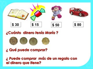 $ 30 $ 15 $ 50 $ 80
¿Cuánto dinero tenía María ?¿Cuánto dinero tenía María ?
¿ Qué puede comprar?¿ Qué puede comprar?
¿ Puede comprar más de un regalo con¿ Puede comprar más de un regalo con
el dinero que tiene?el dinero que tiene?