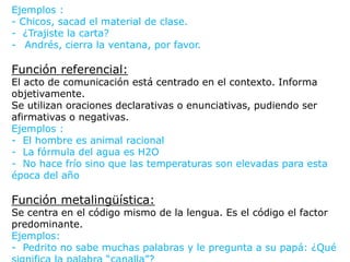 Ejemplos :
- Chicos, sacad el material de clase.
- ¿Trajiste la carta?
- Andrés, cierra la ventana, por favor.
Función referencial:
El acto de comunicación está centrado en el contexto. Informa
objetivamente.
Se utilizan oraciones declarativas o enunciativas, pudiendo ser
afirmativas o negativas.
Ejemplos :
- El hombre es animal racional
- La fórmula del agua es H2O
- No hace frío sino que las temperaturas son elevadas para esta
época del año
Función metalingüística:
Se centra en el código mismo de la lengua. Es el código el factor
predominante.
Ejemplos:
- Pedrito no sabe muchas palabras y le pregunta a su papá: ¿Qué
 
