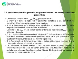  La medición se realizará en LAeqT y Lmax, ponderada en “F”
 El intervalo de tiempo a medir será de 20 minutos, periodo en el cual las actividades
operativas deben estar presentes en forma habitual.
 Si las actividades de generación de ruido son cíclicas el tiempo de medición podrá
ampliarse de modo que abarque dichas actividades.
 La medición del Lmax deberá cumplir con los criterios de medición del LAeqT en cuanto
a tiempo y distancia.
 El Lmax debe medirse considerando un mínimo de 5 eventos de generación de ruido
más altos. (Ejemplo: cuando están operativas todas las etapas productivas, o se
puede dar el caso cuando está a una máxima capacidad).
 Si el funcionamiento de la fuente de ruido es cíclica, el tiempo de medición deberá
comprender mínimamente un ciclo completo.
 Las mediciones se deben realizar a una distancia donde se pueda percibir la
influencia del ruido de todas las fuentes principales. Esta distancia no debe ser tan
alejada para minimizar los efectos meteorológicos. El siguiente gráfico muestra la
ubicación del punto en dichos casos:
3.5 Mediciones de ruido generado por plantas industriales y otras actividades
productivas
 