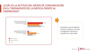 ¿CUÁL ES LA ACTITUD DEL MEDIO DE COMUNICACIÓN
EN EL TRATAMIENTO DE LA NOTICIA FRENTE AL
FEMINICIDIO?
Monitoreo
Se pierde la oportunidad de
orientar y prevenir, mas bien
la indignación refuerza la
impotencia e impunidad.
 
