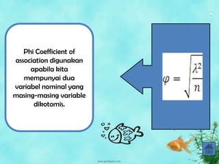 Phi Coefficient of
association digunakan
     apabila kita
   mempunyai dua
variabel nominal yang
masing-masing variable
      dikotomis.
 