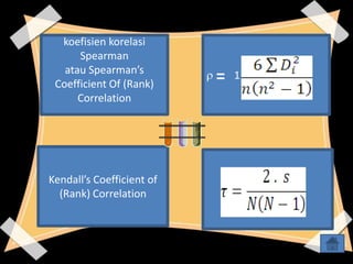 koefisien korelasi
      Spearman
   atau Spearman’s         1
 Coefficient Of (Rank)
      Correlation




Kendall’s Coefficient of
  (Rank) Correlation
 