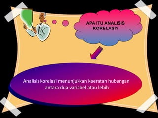 APA ITU ANALISIS
                             KORELASI?




Analisis korelasi menunjukkan keeratan hubungan
           antara dua variabel atau lebih
 