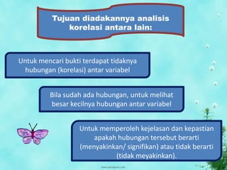 Tujuan diadakannya analisis
              korelasi antara lain:



Untuk mencari bukti terdapat tidaknya
  hubungan (korelasi) antar variabel


         Bila sudah ada hubungan, untuk melihat
         besar kecilnya hubungan antar variabel


                   Untuk memperoleh kejelasan dan kepastian
                       apakah hubungan tersebut berarti
                   (menyakinkan/ signifikan) atau tidak berarti
                             (tidak meyakinkan).
 