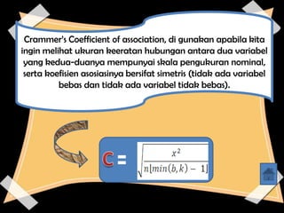 Crammer’s Coefficient of association, di gunakan apabila kita
ingin melihat ukuran keeratan hubungan antara dua variabel
 yang kedua-duanya mempunyai skala pengukuran nominal,
 serta koefisien asosiasinya bersifat simetris (tidak ada variabel
          bebas dan tidak ada variabel tidak bebas).
 