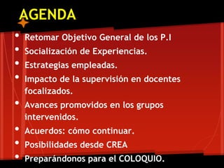 AGENDA
• Retomar Objetivo General de los P.I
• Socialización de Experiencias.
• Estrategias empleadas.
• Impacto de la supervisión en docentes
focalizados.
• Avances promovidos en los grupos
intervenidos.
• Acuerdos: cómo continuar.
• Posibilidades desde CREA
• Preparándonos para el COLOQUIO.