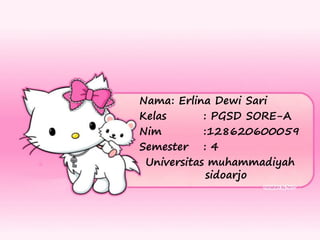 Nama: Erlina Dewi Sari
Kelas : PGSD SORE-A
Nim :128620600059
Semester : 4
Universitas muhammadiyah
sidoarjo
 